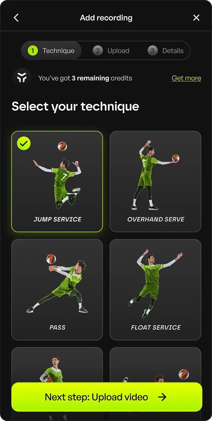 Technique selection screen with jump service, overhand serve, pass and float service tiles.